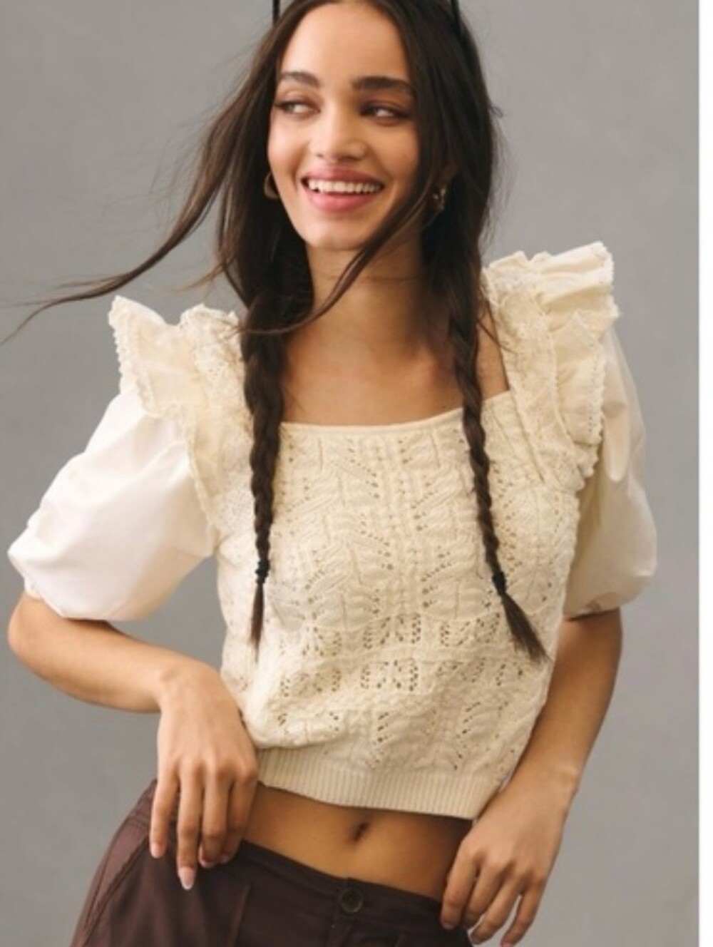 En Saison Collette Cream Ruffle Puff Sleeve Crochet Sweater Knit Top Size Medium